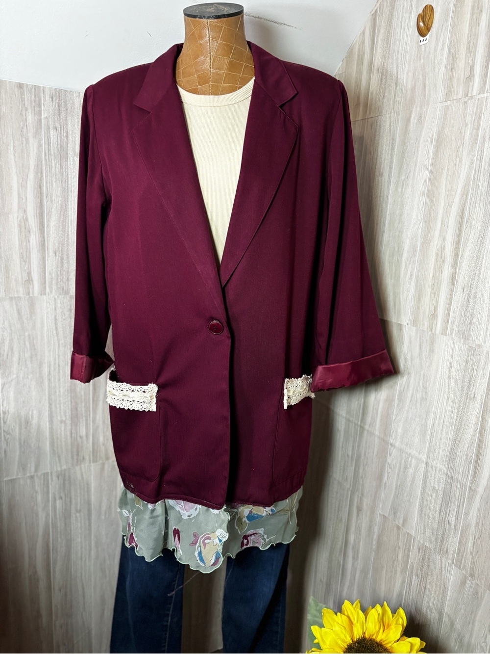Vintage Liz Baker Upcycled Boho Wine-Red Single-Button Blazer Jacket Size 14
